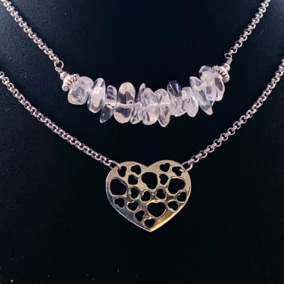 Crystal heart necklace . Double Layer crystal quartz valentine heart boho choker - Picture 2 of 11